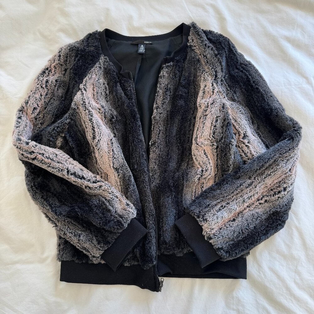 AQUA Faux Fur Jacket Lightweight Bomber Style Black Ribbed Cuff Hem XS